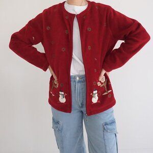 Vintage '90S Carroll Reed Maroon Embroidered Winter Snowman Zip Up Sweater L
